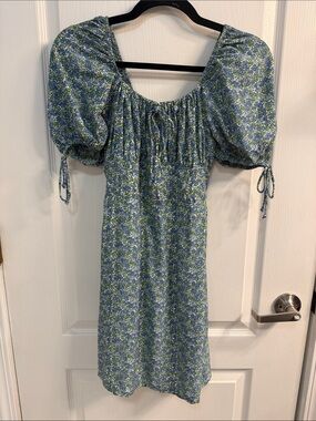 Faithfull the Brand Blue Floral Puff-Sleeve Midi A Line Dress Romantic
